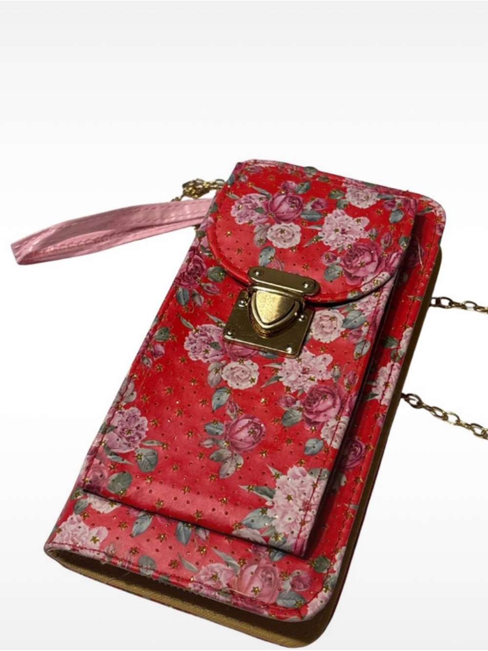 sparkly red shoulder wallet, hip length chain